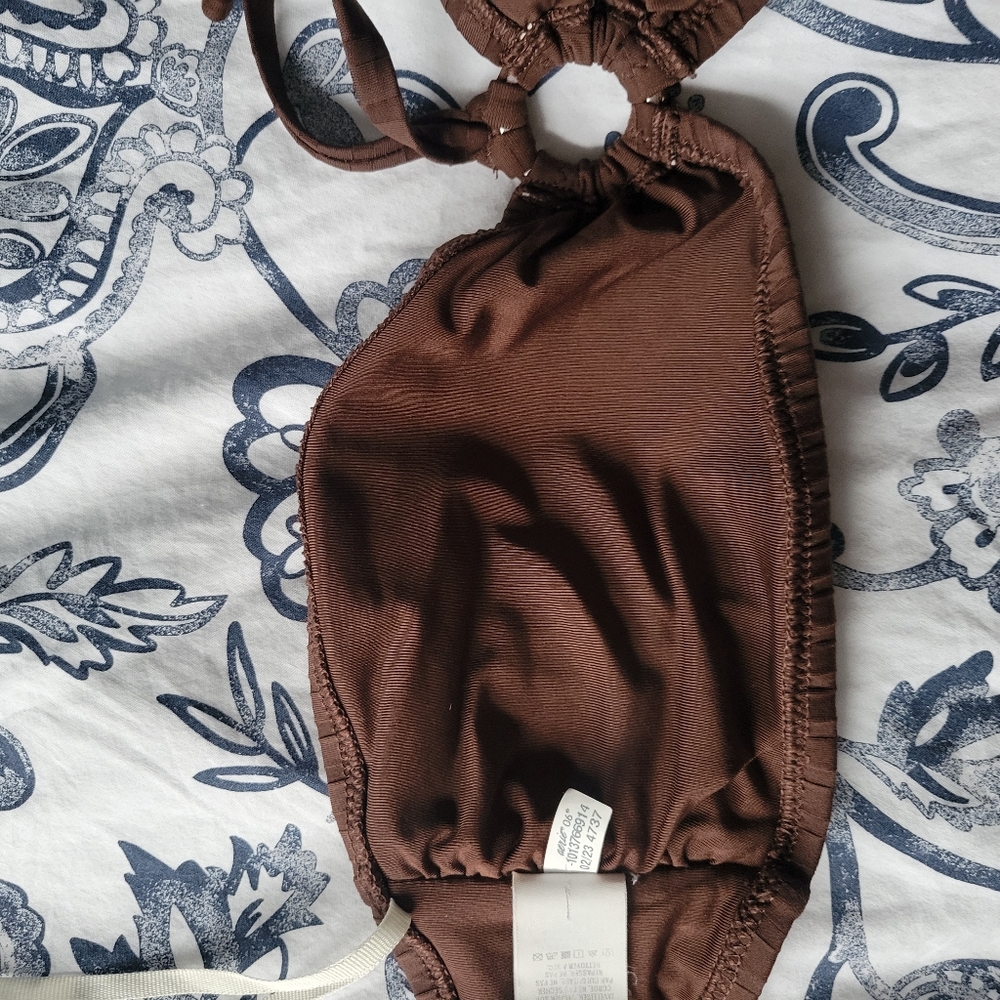 Aerie Wide Brown Rib Halter Bandeau Ring Sexy Party Festival Bikini Top Medium - Picture 8 of 11